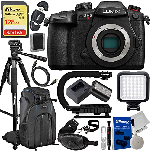 Panasonic Lumix GH5M2 GH5 II Mirrorless Camera (Body Only) + SanDisk 128GB Extreme SDXC, Deluxe Water-Resistant Camera Backpack, Lightweight 60” Tripod, Action Grip Stabilizer & More (22pc Bundle)