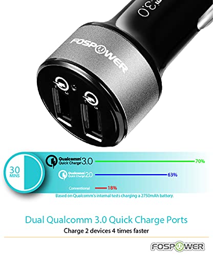 FosPower USB Car Charger UL Listed 36W Fast Charging Qualcomm 3.0 Quick Charge Dual USB Smart Ports with LED Light Compatible with iPhone 14 Pro Max, Google Pixel 6, Samsung Galaxy S22, and More