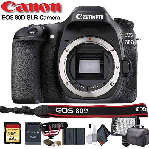 Canon EOS 80D DSLR Camera (1263C004) W/Bag, Extra Battery, LED Light, Mic, Filters and More - Advanced Bundle (Renewed)