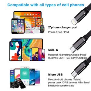 Multi Retractable Charging Cable 4-in-1 Multi Charger Cord 4A USB Cable Fast Charging Cable with 2 * IP/Type C/Micro USB Ports for Phone 14 13 12 Xs Xr X 8 7/Tablets/Samsung Galaxy/Pixel/Sony [2Pack]