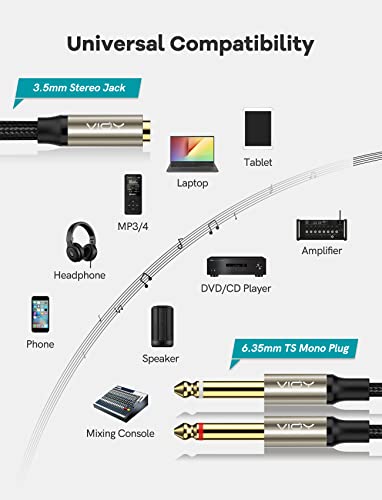 VIOY 3.5mm to Dual 1/4 Inch Audio Splitter Cable, Gold Plated 1/8" TRS Female to Dual Quarter Inch 6.35mm TS Mono Male Plug Braided Stereo Breakout Cable 35cm/13.8inch