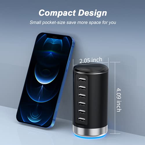 Desktop USB Charging Station, Universal 6 Ports USB Charger with Smart Identification Technology for iPhone, iPad, Android and All Other USB Enabled Devices, Black & Silver