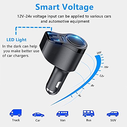 4 in 1 USB C Car Charger, 48W Multi USB Cigarette Lighter Adapter, Socket Splitter with 3 USB Ports, 12V/24V Dual USB Type C PD Fast Car Charger Adapter for iPhone 14/13/12/11,iPad,Samsung,LG,GPS