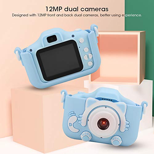 Kids Camera, 12MP Front and Back Dual Cameras Camera with Silicone Case Selfies Childrens Camera Toy with 2.0in IPS Screen Cute Cartoon Mini Camera(Blue)