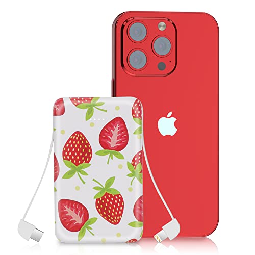 Portable Charger 5000mAh Cute Ultra Slim USB C Power Bank for Girls Mini Fast Charging Small Battery Pack with Built in Cables Compatible with iPhone iPad Samsung Pixel Android Phones,Strawberry