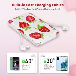 Portable Charger 5000mAh Cute Ultra Slim USB C Power Bank for Girls Mini Fast Charging Small Battery Pack with Built in Cables Compatible with iPhone iPad Samsung Pixel Android Phones,Strawberry