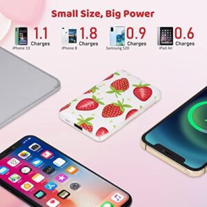 Portable Charger 5000mAh Cute Ultra Slim USB C Power Bank for Girls Mini Fast Charging Small Battery Pack with Built in Cables Compatible with iPhone iPad Samsung Pixel Android Phones,Strawberry