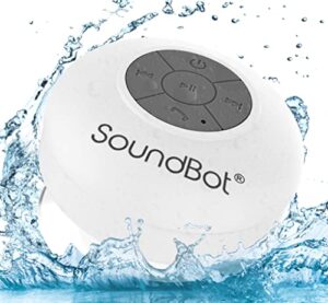 soundbot sb510 bluetooth shower speaker hd water resistant bathroom speakers, handsfree portable speakerphone with built-in mic, 6hrs of playtime, control buttons and dedicated suction cup (white)
