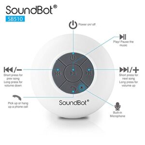 Soundbot SB510 Bluetooth Shower Speaker HD Water Resistant Bathroom Speakers, Handsfree Portable Speakerphone with Built-in Mic, 6hrs of Playtime, Control Buttons and Dedicated Suction Cup (White)