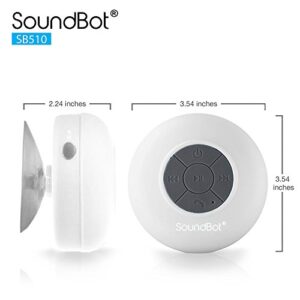 Soundbot SB510 Bluetooth Shower Speaker HD Water Resistant Bathroom Speakers, Handsfree Portable Speakerphone with Built-in Mic, 6hrs of Playtime, Control Buttons and Dedicated Suction Cup (White)