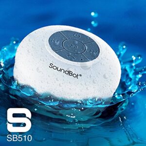 Soundbot SB510 Bluetooth Shower Speaker HD Water Resistant Bathroom Speakers, Handsfree Portable Speakerphone with Built-in Mic, 6hrs of Playtime, Control Buttons and Dedicated Suction Cup (White)