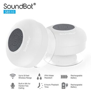 Soundbot SB510 Bluetooth Shower Speaker HD Water Resistant Bathroom Speakers, Handsfree Portable Speakerphone with Built-in Mic, 6hrs of Playtime, Control Buttons and Dedicated Suction Cup (White)