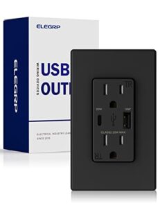 elegrp pd 3.0 usb wall outlet receptacle, usb c port supports 20w quick charge for iphone 12/13/14 series, continues 18w for older devices, 15a, ul listed, w/wall plate, 1 pack, matte black