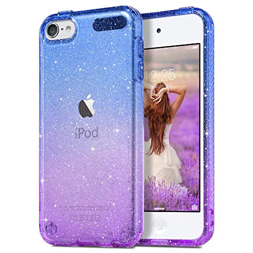 ULAK Clear Gradient Glitter Case for iPod Touch 7th/6th/5th Generation, Hybrid Slim Cute Case for Girls Women, Shockproof Anti-Scratch Soft TPU Bumper Cover for iPod Touch 7/6/5, Blue+Purple