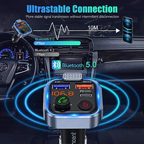LENCENT FM Transmitter in-Car Adapter,Type-C PD 20W+ QC3.0 Fast USB Charger, Wireless Bluetooth 5.0 Radio Car Kit,Hands Free Calling, Mp3 Player Receiver Hi Fi Bass Support U Disk