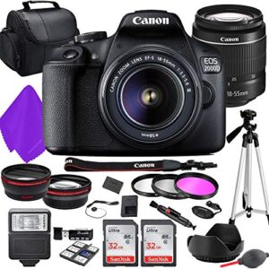 mj eos rebel 2000d digital slr camera with 18-55mm f3.5-5.6 zoom lens + 2x 32gb sandisk sd card + wide and telephoto lens + tripod + gadget bag + deluxe accessory bundle, black (canon 2000d)