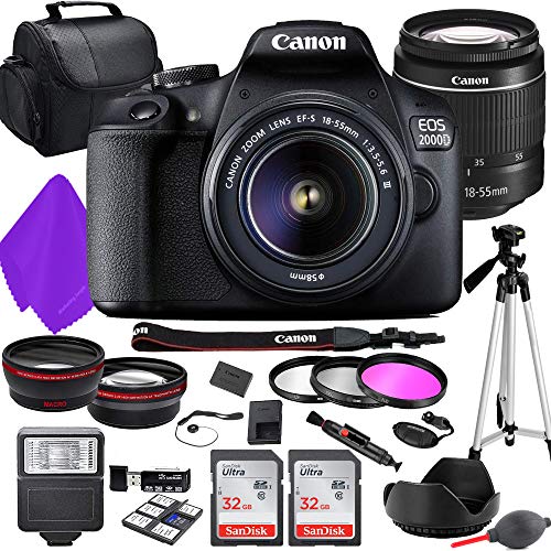 MJ EOS Rebel 2000D Digital SLR Camera with 18-55mm f3.5-5.6 Zoom Lens + 2X 32GB Sandisk SD Card + Wide and Telephoto Lens + Tripod + Gadget Bag + Deluxe Accessory Bundle, Black (Canon 2000D)