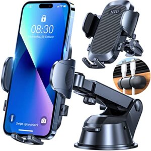 htu cell phone holder for car [powerful suction cup never fall] universal car phone holder mount for dashboard windshield air vent long arm cell phone car mount thick case heavy phones friendly