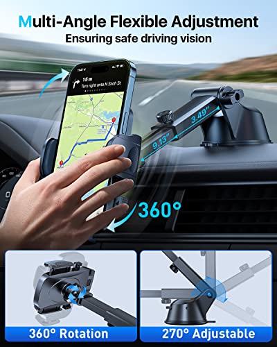 HTU Cell Phone Holder for Car [Powerful Suction Cup Never Fall] Universal Car Phone Holder Mount for Dashboard Windshield Air Vent Long Arm Cell Phone Car Mount Thick Case Heavy Phones Friendly