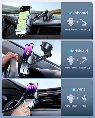 HTU Cell Phone Holder for Car [Powerful Suction Cup Never Fall] Universal Car Phone Holder Mount for Dashboard Windshield Air Vent Long Arm Cell Phone Car Mount Thick Case Heavy Phones Friendly
