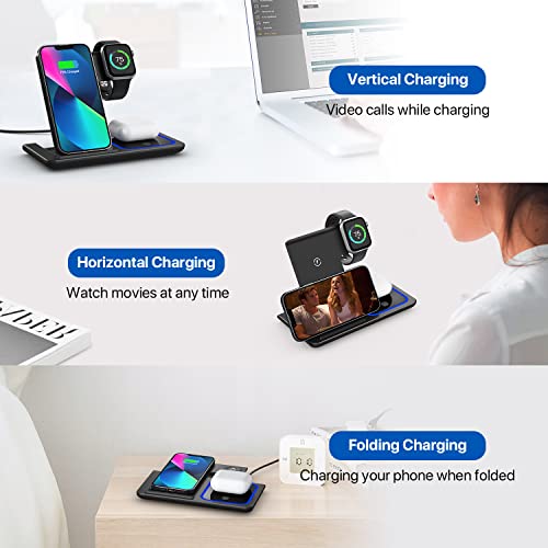 Wireless Charger, 3 in 1 Wireless Charging Station, Fast Wireless Charger Stand for iPhone 14/13/12/11/Pro/Max/XS/XR/X/8/Plus, for Apple Watch 8/7/6/5/4/3/2/SE, for AirPods 3/2/Pro(Black)