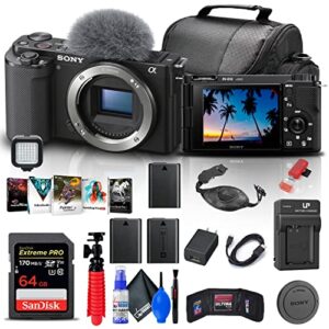 sony zv-e10 mirrorless camera (body only, black) (ilczv-e10/b) + 64gb card + corel photo software + bag + 2 x npf-w50 battery + external charger + card reader + led light + hdmi cable + more (renewed)