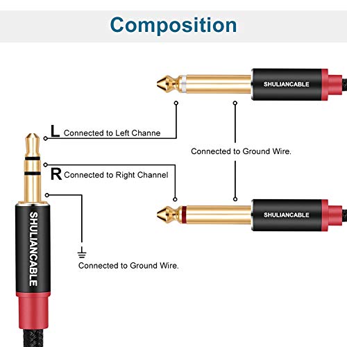 SHULIANCABLE 3.5mm 1/8" TRS to Dual 6.35mm 1/4" TS Cable, Mono Stereo Y-Splitter Audio Cable for iPhone, iPod, Multimedia Speakers and Home Stereo,etc (6.6Ft/2M)