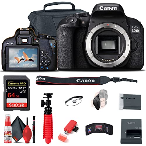 Canon EOS Rebel 800D / T7i DSLR Camera (Body Only) + 64GB Memory Card + Case + Card Reader + Flex Tripod + Hand Strap + Cap Keeper + Memory Wallet + Cleaning Kit (Renewed)