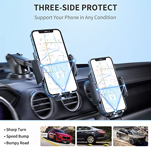 FBB Phone Mount for Car, [ Off-Road Level Suction Cup Protection ] 3in1 Long Arm Suction Cup Holder Universal Cell Phone Holder Mount Dashboard Windshield Vent Compatible with All Smartphones