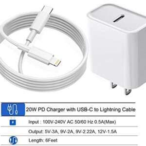 iPhone Fast Charger【Apple MFi Certified】 Cell Phone Wall Chargers iPhone Charging 20W PD Adapter with 6FT Type-C Lightning Cable Compatible with iPhone 14 13 12 11/Xs Max/XR/X and More