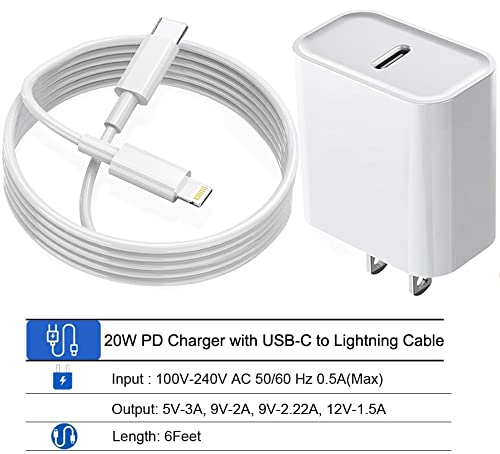 iPhone Fast Charger【Apple MFi Certified】 Cell Phone Wall Chargers iPhone Charging 20W PD Adapter with 6FT Type-C Lightning Cable Compatible with iPhone 14 13 12 11/Xs Max/XR/X and More