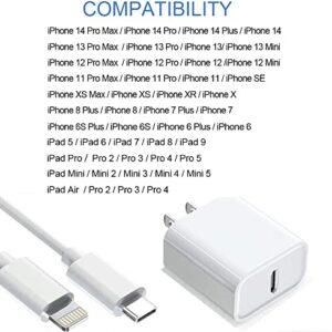 iPhone Fast Charger【Apple MFi Certified】 Cell Phone Wall Chargers iPhone Charging 20W PD Adapter with 6FT Type-C Lightning Cable Compatible with iPhone 14 13 12 11/Xs Max/XR/X and More