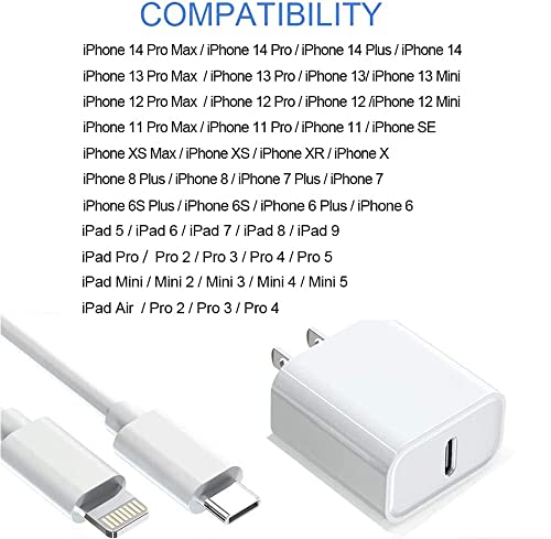 iPhone Fast Charger【Apple MFi Certified】 Cell Phone Wall Chargers iPhone Charging 20W PD Adapter with 6FT Type-C Lightning Cable Compatible with iPhone 14 13 12 11/Xs Max/XR/X and More