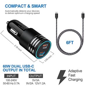 USB C Car Charger, 60W 2-Port PD Super Fast Car Charging Adapter+6FT Type C to C Cable for Samsung Galaxy S23/S23+/S23 Ultra/S22/S22 Ultra/S22+/S21 FE/S20 A54 A14 A53 5G A13 A23 A03S A12 A32 A42 A52