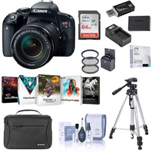 canon eos rebel t7i dslr with ef-s 18-135mm f/3.5-5.6 is stm lens – bundle with 64gb sdxc card, shoulder bag, tripod, spare battery, compact charger, software package, 67mm filter kit, and more