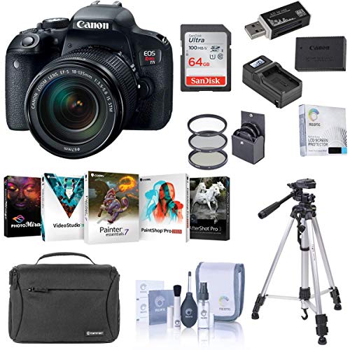 Canon EOS Rebel T7i DSLR with EF-S 18-135mm f/3.5-5.6 is STM Lens - Bundle with 64GB SDXC Card, Shoulder Bag, Tripod, Spare Battery, Compact Charger, Software Package, 67mm Filter Kit, and More
