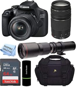 inspire digital canon eos rebel 2000d dslr camera with 18-55mm is ii lens bundle + canon ef 75-300mm f/4-5.6 iii lens and 500mm preset lens + 64gb memory + padded case (renewed)