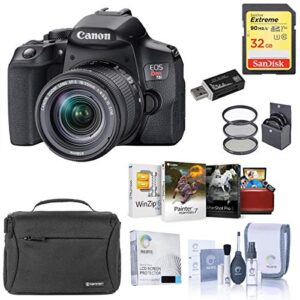 canon eos rebel t8i dslr camera with 18-55mm lens, bundle with bag, 32gb sd card, filter pack, mac photo editing software, cleaning kit and accessories
