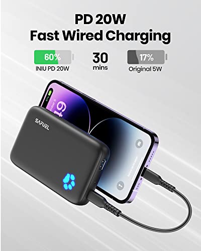 SAFUEL Magnetic Portable Charger, 10000mAh 20W PD QC3.0 Wireless Power Bank Fast Charging, USB C in&Out External Battery Pack, Compatible with iPhone 14 13 12 Pro Max Mini and MagSafe Case