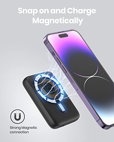 SAFUEL Magnetic Portable Charger, 10000mAh 20W PD QC3.0 Wireless Power Bank Fast Charging, USB C in&Out External Battery Pack, Compatible with iPhone 14 13 12 Pro Max Mini and MagSafe Case