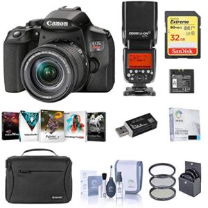 canon eos rebel t8i dslr camera with 18-55mm lens, speedlight bundle with flashpoint zoom li-on r2 ttl flash, bag, 32gb sd card, filter kit, screen protector and accessories