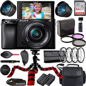 sony a6100 mirrorless 4k video camera with e pz 16-50mm lens (black) bundle + accessories (64gb memory card, wide angle and telephoto lens, spider tripod, gadget bag and more)
