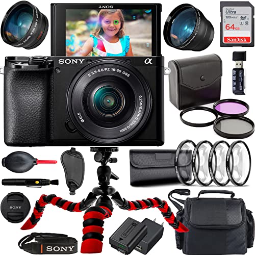 Sony a6100 Mirrorless 4K Video Camera with E PZ 16-50mm Lens (Black) Bundle + Accessories (64Gb Memory Card, Wide Angle and Telephoto Lens, Spider Tripod, Gadget Bag and More)