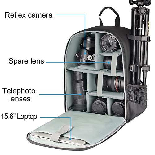 CADeN Camera Backpack Bag with Laptop Compartment 15.6" for DSLR/SLR Mirrorless Camera Waterproof, Camera Case Compatible for Sony Canon Nikon Camera and Lens Tripod Accessories Black