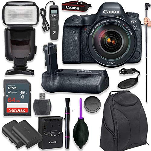 Canon EOS 6D Mark II DSLR with EF 24-105mm f/4L is II USM Lens with Pro Camera Battery Grip, Professional TTL Flash, Deluxe Backpack, Spare LP-E6 Battery (17 Items) (Renewed)