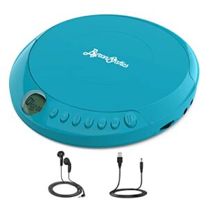 ByronStatics Portable Disc CD player, Personal Walkman Music CD Players Anti-Skip Shockproof Protection, Portable and Lightweight, Headphones Jack, Powered DC or 2XAA Battery - Teal