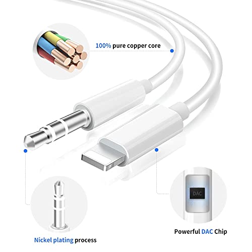 iSkey Aux Cord for iPhone, 3.5mm Aux Cable for Car Compatible with iPhone 13 12 11 XS XR X 8 7 6 iPad iPod for Car Home Stereo, Speaker, Headphone, Support All iOS Version - 3.3ft (White)