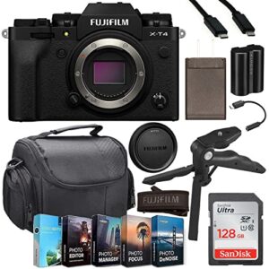 paging zone fujifilm x-t4 mirrorless camera body only (black – 16652855) bundle + 128gb high speed memory card + shoulder case, grip tripod and photo/video editing and management software package