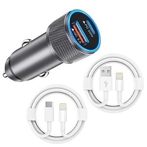 iphone car charger,usb c fast car charger[apple mfi certified] apple car charging 38w dual port car charger cigarette lighter adapter 2x3ft pd&qc 3.0 lightning cable for iphone 13/12/12 pro/11/airpods