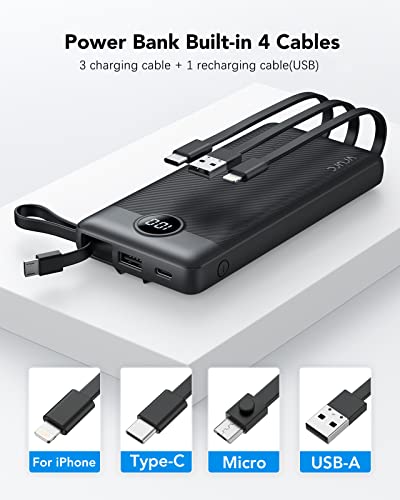 Portable Charger with Built in Cables,VRURC 10000mAh Ultra Slim USB C Power Bank,5 Output 2 Input LED Display External Battery Pack Phone Charger Compatible with Smart Devices and Cell Phones(1 Pack)